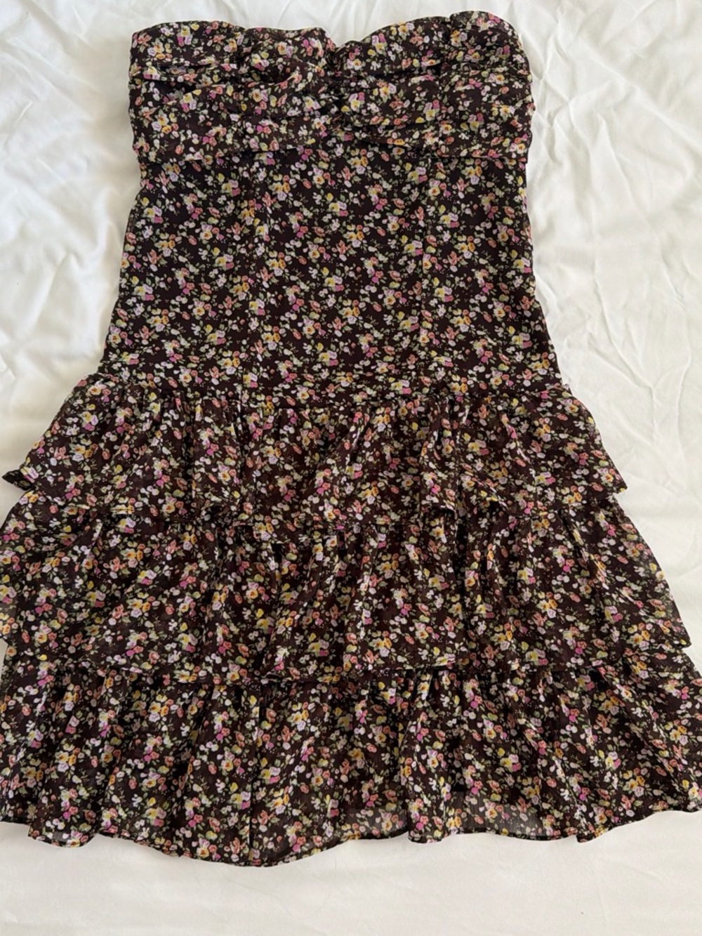 Express Black Floral Ruffled Tiered Mini Dress with Pink & Yellow Blooms